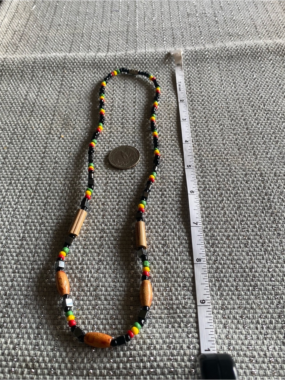 Handmade Beaded 20” Necklace with Black, Red, Yellow & Green Accents